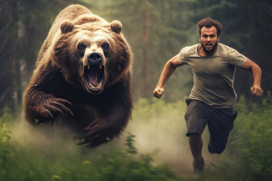A man is running away from a grizzly bear in the forest.