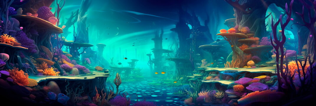 fantastical underwater city with dynamic of underwater life and structures, painted in vibrant and surreal colors.