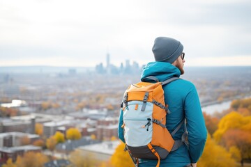 man with backpack overlooking city from high viewpoint - obrazy, fototapety, plakaty