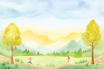Peaceful forest with yoga enthusiasts during sunrise , cartoon drawing, water color style