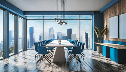 Clean blue plank conference room interior with table, chairs and panoramic window with city. Generative AI.
