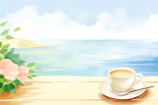 Relaxing summer vibes A cup of espresso with a sea view , cartoon drawing, water color style
