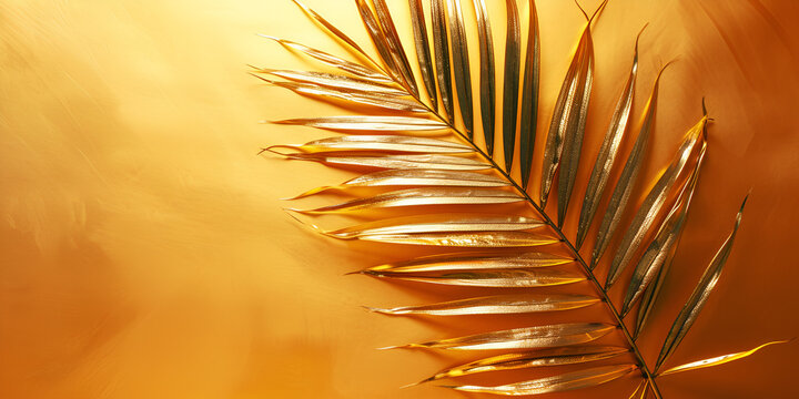single golden areca palm tropical leaf in golden foil color washed on, with empty space, isolated golden background, copy space, banner, generative ai