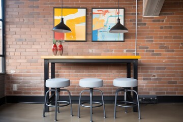 industrial vibe with metal table, stools, and exposed brick