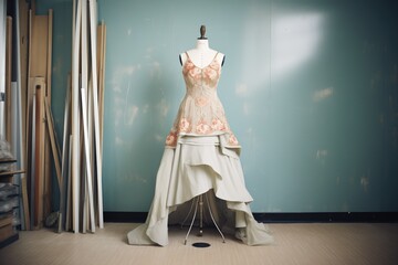 mannequin displaying a halffinished gown in a studio