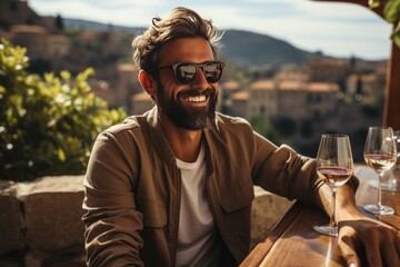 Traveler savoring a private wine tasting in the vineyards of Tuscany, Generative AI