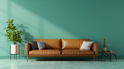 Living room with leather sofa and decoration room on empty light green wall background 