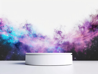 Minimalistic 3D pedestal on a space themed background.