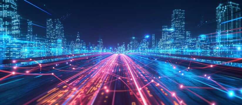 Abstract technology background illustration of a city at night, featuring light trails and wireframe hill in 3D rendering.