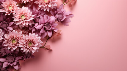 Soft pink flowers arranged on a matching pastel pink background.