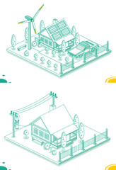 Isometric Smart House with Solar Panels, Wind Turbine and Electric Transformer. Generation of Green Energy. Isometric Small House with Electric Pole and Transformer on It.