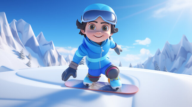 Cartoon boy playing snowboard on snow mountain 