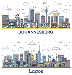Naklejka premium Outline Lagos Nigeria and Johannesburg South Africa City Skyline set with Colored Modern and Historic Buildings Isolated on White.