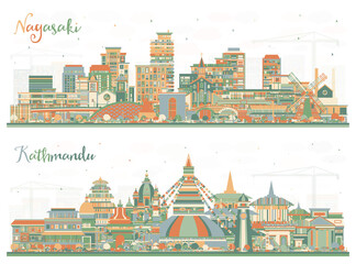 Kathmandu Nepal and Nagasaki Japan City Skyline set with Color Buildings. Illustration. Cityscape with Landmarks. Business Travel and Tourism Concept with Historic Architecture.