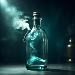A Empty Glass Bottle with Smoke In A Dark Room Beside Window.
