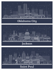 Outline Jackson Mississippi, Saint Paul Minnesota and Oklahoma City USA city skyline set with white buildings. Business travel and tourism concept with historic architecture. Cityscape with landmarks.
