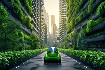 compact green car with solar panels driving through a futuristic city with vertical gardens on buildings - obrazy, fototapety, plakaty