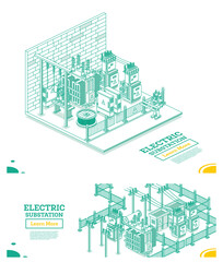 Isometric Energy Substation Interior. Electric Transformer. Outline Concept. Illustration. Green Color. Part of Distribution Chain. High-Voltage Power Station.