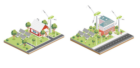 Isometric Solar Panels with Wind Turbine in Suburb. Green Eco Friendly House. Infographic Element. Illustration. City Architecture Isolated on White Background. Ecologically Clean City.
