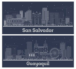 Outline Guayaquil Ecuador and San Salvador Skyline set with White Buildings. Illustration. Business Travel and Tourism Concept with Modern Architecture.