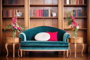 velvet settee with side book towers in a victorianstyle room