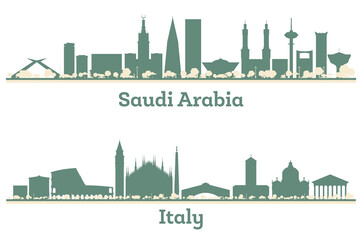 Abstract Italy and Saudi Arabia City Skyline set with Color Buildings. Illustration. Business Travel and Tourism Concept with Modern Architecture.