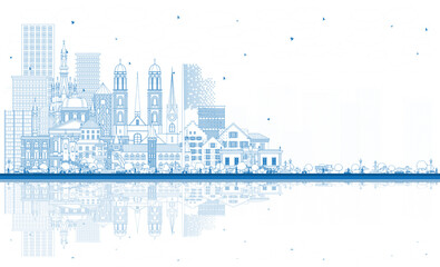 Welcome to Switzerland. Outline City Skyline with Blue Buildings. Switzerland Cityscape with Landmarks. Bern. Basel. Lugano. Zurich. Geneva. - obrazy, fototapety, plakaty