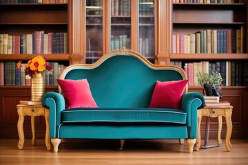 velvet settee with side book towers in a victorianstyle room