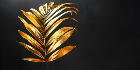 golden color washed areca palm tropical leaf on isolated black background, copy space, banner, generative ai