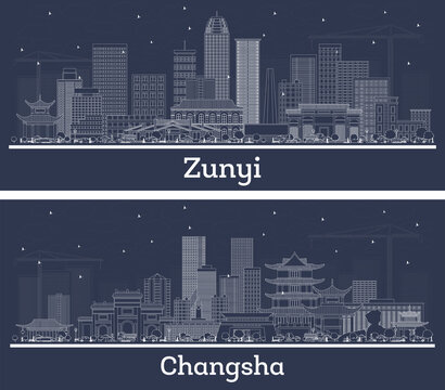Outline Changsha and Zunyi China city skyline set with white buildings. Illustration. Business travel and tourism concept with historic architecture. Zunyi cityscape with landmarks.
