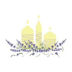 Composition of three candles among lavender branches. Thank you card. Vector illustration in flat style