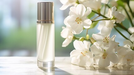 Obraz na płótnie Canvas glossy cosmetic bottles White bottle and tube with white flowers Natural cosmetics for skin care
