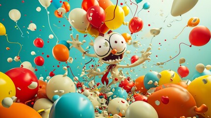 A clumsy cartoon character accidentally releases their g balloon bouquet causing chaos as the balloons soar away and get tangled in everything. - obrazy, fototapety, plakaty