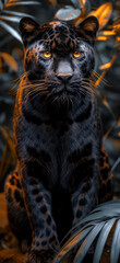 Vertical image of a black leopard sitting in the forest Beautiful scenery, nature.