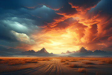 Landscape view of dusty road going far away nowhere in desert. Dry road, bad weather, orange sky with overcast clouds. Realistic clipart template pattern.