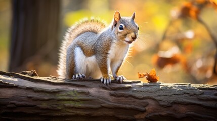Fototapeta premium Gray squirrel as it perches on a dead tree stump Forest