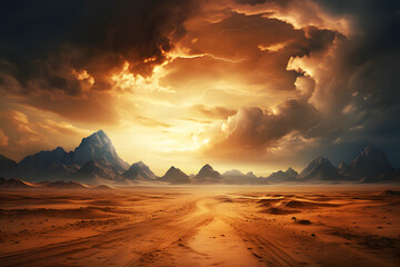 Landscape view of mountain dusty road going far away nowhere in desert. Dry road, bad weather, orange sky with overcast clouds. Realistic clipart template pattern. - obrazy, fototapety, plakaty