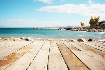 Fototapeta premium Empty brown wooden floor or table with sea waves hitting shore. Sea blue and beach, rocks, Cloudy sky with bright sunlight is blur background. Summer. Realistic color clipart template pattern.