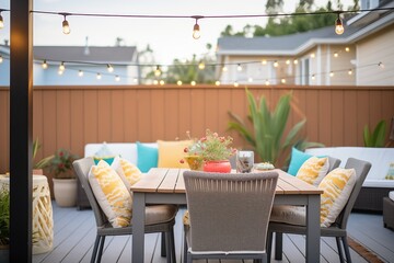 string lights draped above a patio dining set