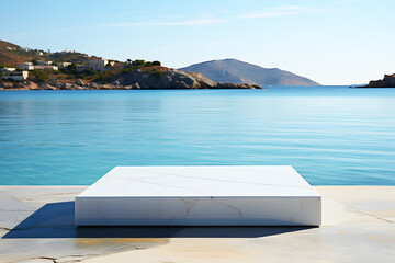 Empty square white marble slabs on stone floor. Sea and beach bright blue sky and sunlight, rocks and mountains is background. Vintage design of house or studio indoor.