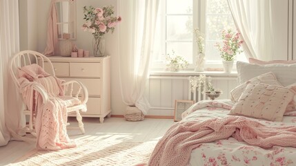 Warm, sunlit cottage bedroom with floral bedding and vintage decor Generative AI - obrazy, fototapety, plakaty