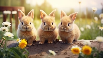 Group of cute, healthy, brown, fluffy, Easter rabbits Cute little rabbit on green garden nature background.