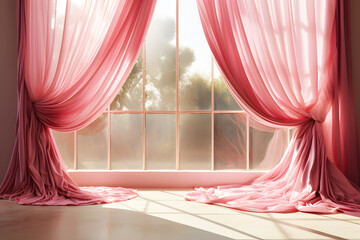 Backlit window with pink curtains in empty room clean. Sunlight shines evening through window and inside there are shadows light orange. Modern interior room decoration. ฺBackground Abstract Texture.