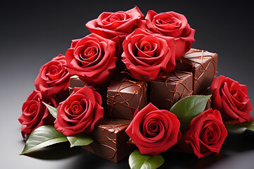 Red roses and brown chocolate candies for Valentine's Day (day of love) Gifts for various festivals. Chocolate bar or cake. Realistic clipart template pattern.	