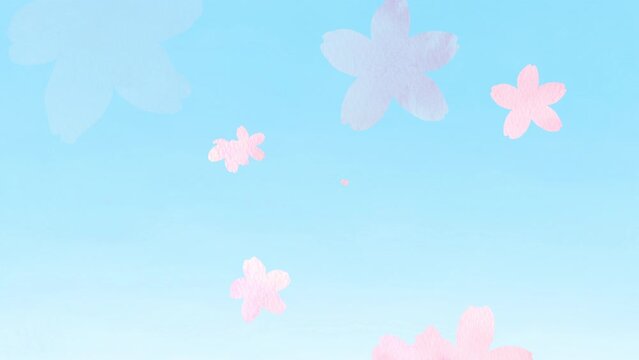 青空をバックに、こちらへ桜がふわりと舞い降りてくるループアニメーション。水彩画を使用した春らしいビデオ。