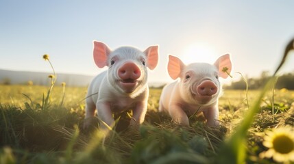Happy piglets on the farm field