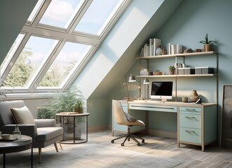 a modern home office with a desk, computer, and shelves. The room is decorated with plants and has a large window with a view of trees. The color scheme is blue and white with wooden accents