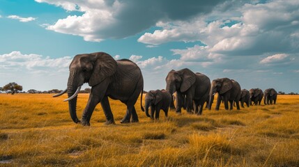 Fototapeta na wymiar Herd of wild elephants walking Beautiful elephant in the savannah