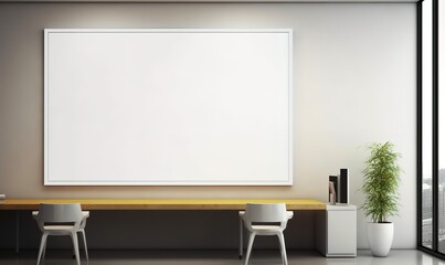 A large blank white board in an office room. generative AI
