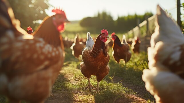 Naklejki Men hand-feed hens on a traditional organic free-range farm. Adult chicken walking on the ground
